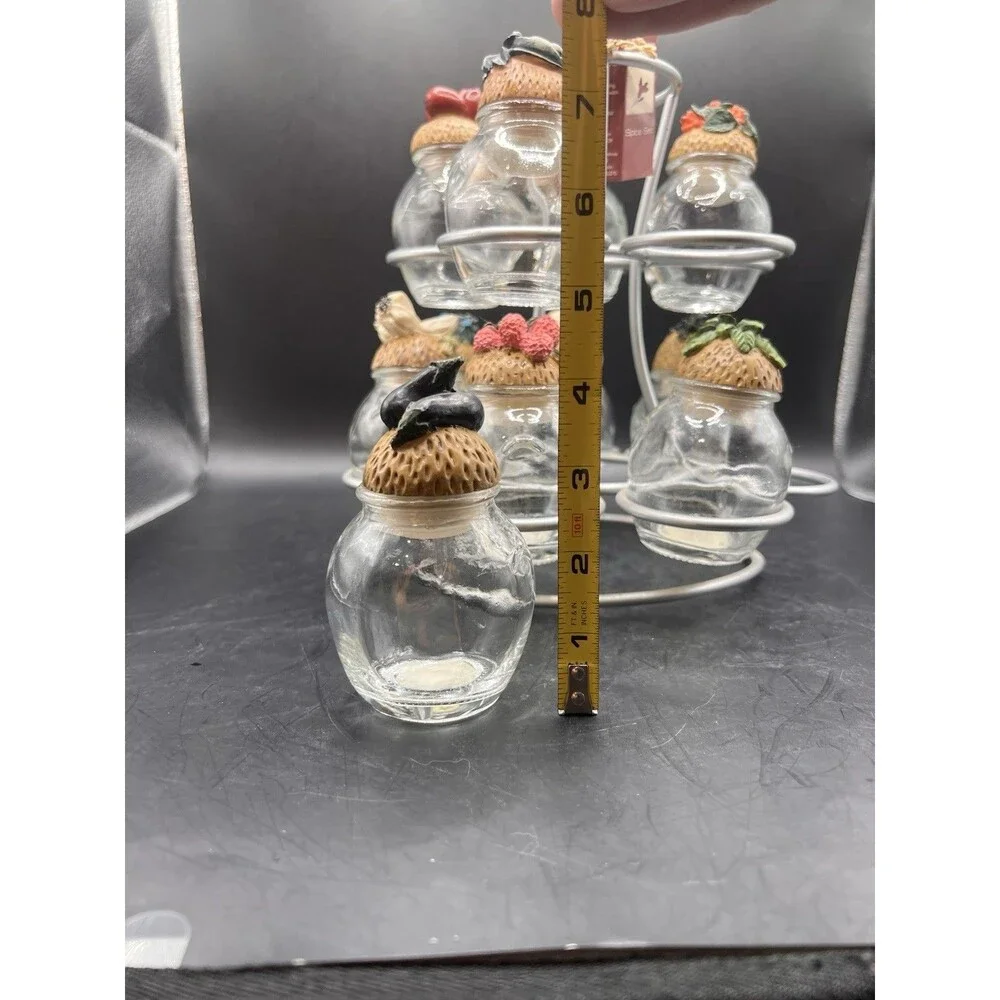 12 Collectible Vintage Shonfeld's Glass Spice Jars with Resin Cork Lids & Stand